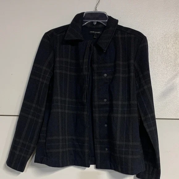 BANANA REPUBLIC WOMENS SHORT PLAID JACKET NAVY BLUE DARK GREY SMALL - Picture 2 of 8